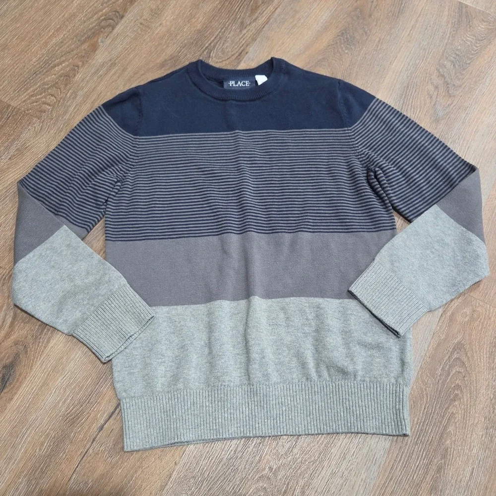 The Childrens Place Boys Navy Blue Grey Striped Colorblock Cotton Sweater 7/8 M
